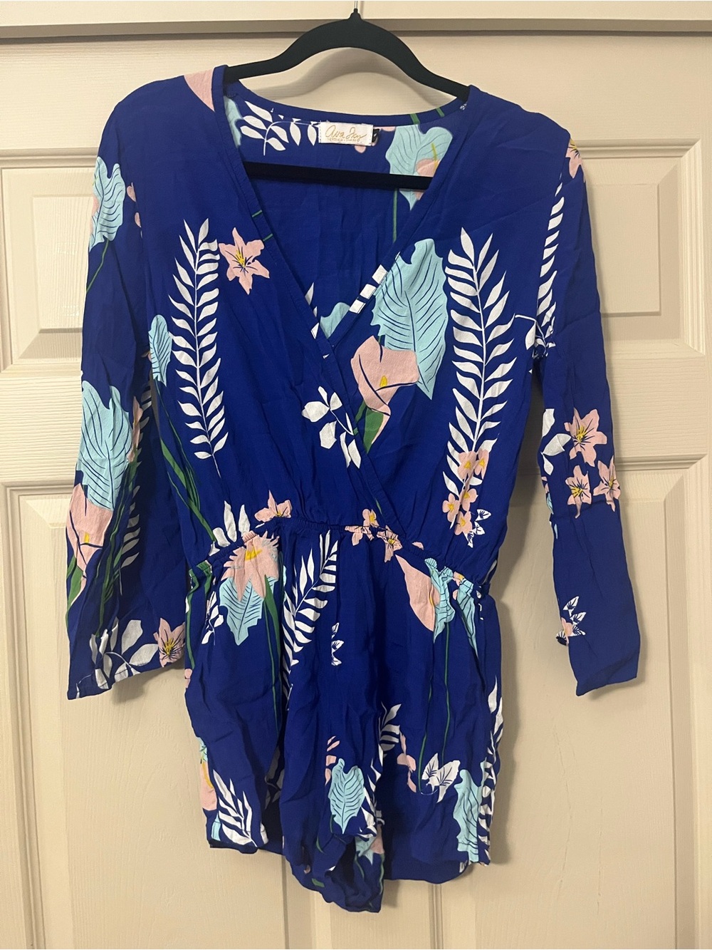 Ava Sky Royal Blue Floral Wrap Romper with Pink & Teal Accents